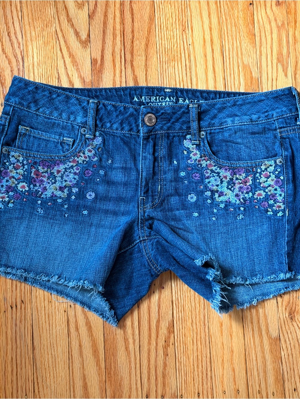 American Eagle Outfitters Blue Denim Floral Embroidered Cutoff Shorts